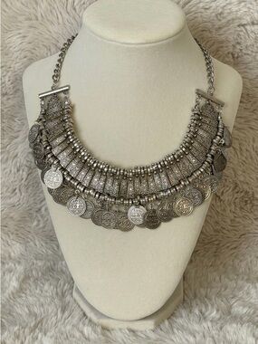 Silver Coin Fringe Statement Necklace Boho Festival Tribal Bib Gypsy Layered